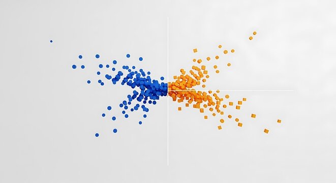 Abstract Data Visualization: Diverging Clusters of Blue and Orange Dots. AI Generated