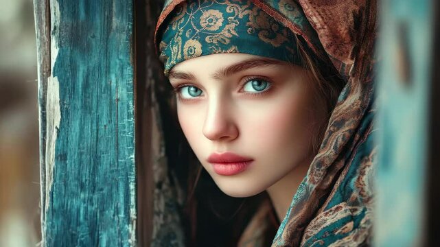Young woman in colorful headscarf gazes thoughtfully from an old wooden doorway in a serene moment