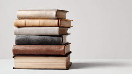Naklejka premium A stack of old, leather-bound books on a white surface, perfect for reading and learning.