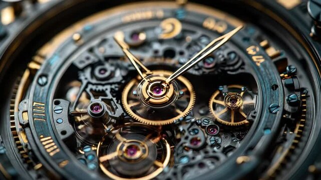 Intricate details of a mechanical watch movement highlighting gears and jewels in a steampunk style - Powered by Adobe