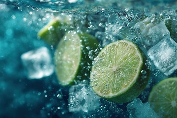 Fresh Blue Closeup: Bubbling Lime and Ice in Crystal Water, High-Res Food Editorial Image