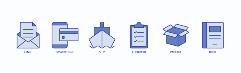 Logistics Essentials Icon Set Isolated Vector Illustration Concept With Icon Of Email, Smartphone, Ship, Clipboard, Package, Book In Blue Style