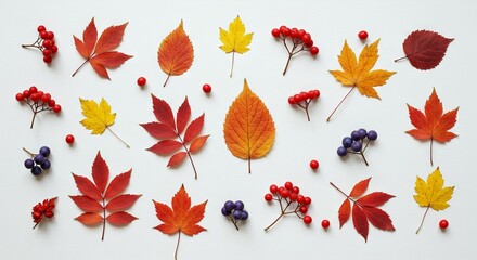 Obraz premium Arrangement of Colorful Autumn Leaves and Berries on White Background