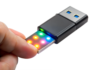 A hand holds a usb flash drive with colorful led lights isolated on transparent background