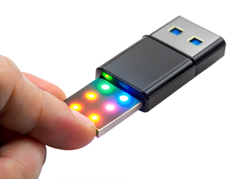 A hand holds a usb flash drive with colorful led lights isolated on transparent background