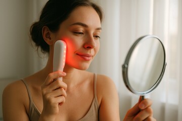 Young woman using red light therapy facial wand while looking in mirror. LED skincare device for anti aging and beauty treatment at home