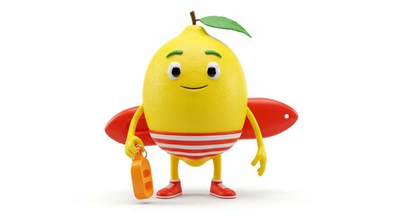 Cartoon lemon character with surfboard and life preserver
