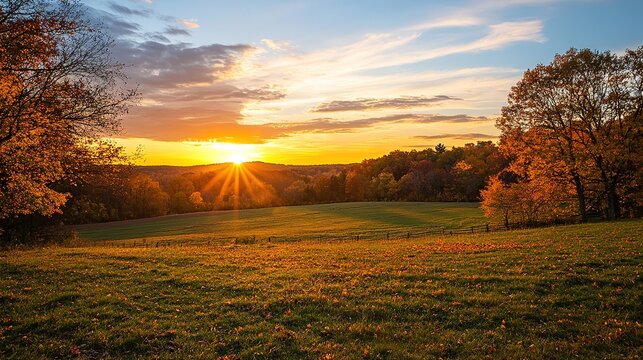 A vibrant autumn sunset casts golden light over a grassy field bordered by colorful fall trees under a partly cloudy sky.