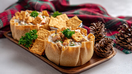 Creamy New England clam chowder served in golden bread bowls with crackers and fresh parsley, presented on wooden tray with pine cones and red plaid cloth for cozy atmosphere