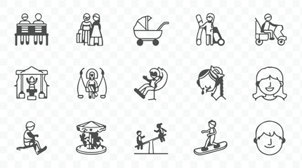 Collection of playful stick figure icons depicting families children and recreational activities in a charming silhouette style