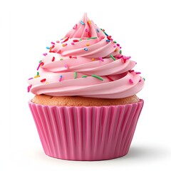 Pink cupcake with colorful sprinkles.