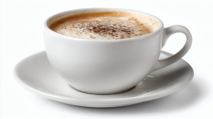Fototapeta premium A beautiful white cup of cappuccino on a white saucer, isolated.