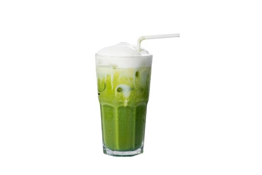 Refreshing Iced of milk matcha green tea on top cream of foam in plastic cup isolated white background.