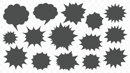 Collection of diverse dark grey starburst and speech bubble shapes in a scattered arrangement silhouette