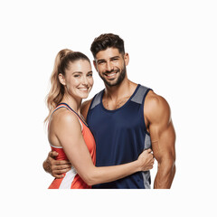 Obraz premium Fitness Couple: A healthy and athletic couple, dressed in sporty attire, shares an intimate embrace, radiating happiness and embodying the essence of physical fitness.
