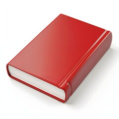 Red book lying flat on a white surface.