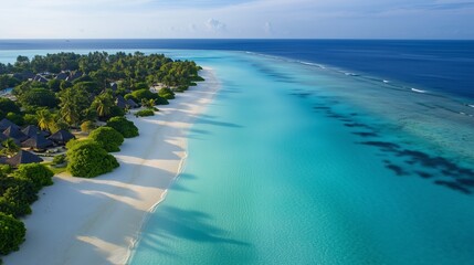 View from a bird's eye view on a tropical island with a snow -white sandy beach surrounded by emerald water and coral reefs. Green palm trees and small bungalows with straw roofs