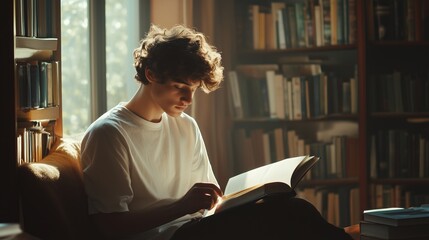A young man with curly hair, reading a book in a cozy library with wooden shelves filled with books. Soft light from the window illuminates his white shirt and open book