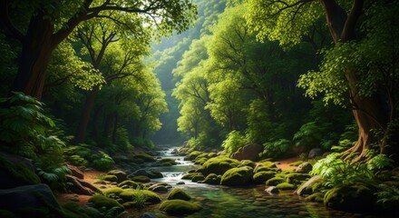 Lush Green Forest Stream with Sunlight Filtering Through Dense Canopy