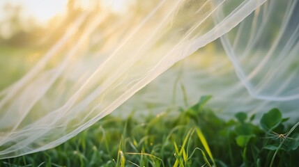 A light white fabric resembling a veil streams gently against the background of green grass, illuminated by warm sunset light.