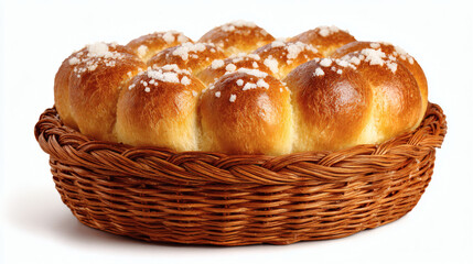 Fototapeta premium Delicious, golden brioche buns sit in a woven basket, ready to be enjoyed.