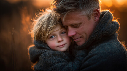 Fototapeta premium Father and son share a warm embrace during a sunset outdoors