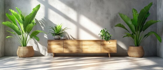 Modern room with wooden cabinet and potted plants