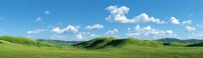 Obraz premium Green hills and meadow under blue sky with soft white clouds