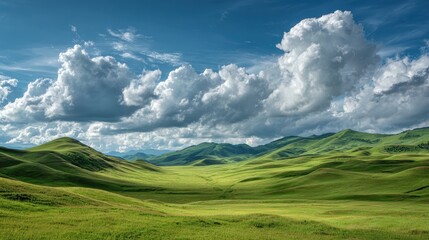 Green hills and meadow under blue sky with soft white clouds