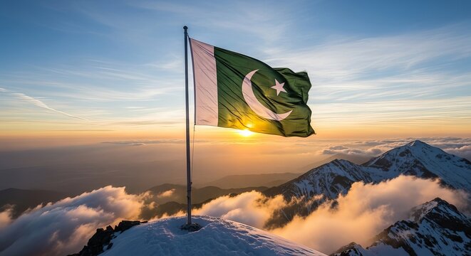 A waving Pakistan flag on top of a mountain at sunrise on 14 August.