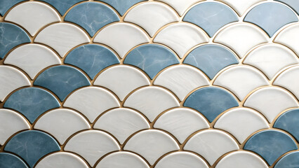 Fototapeta premium Blue and white fish scale tile pattern with gold trim
