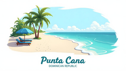 3d illustration of Punta Cana beach with turquoise sea and palms, and the words 'Dominican Republic' beneath. Idyllic tropical escape.