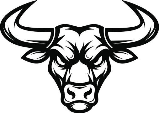 Illustration of a stylized bull head with prominent horns in a monochrome color scheme design style on transparent background silhouette