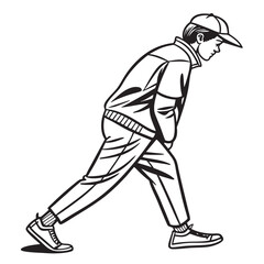 Fototapeta premium Minimalist Line Drawing of a Young Man Walking with a Casual Posture and Wearing a Cap and Sneakers in Black and White