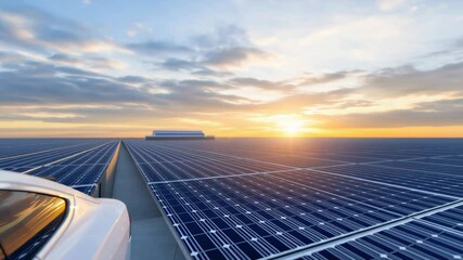 Electric vehicle charging with solar panels under a vibrant sunset sky in a sustainable energy landscape