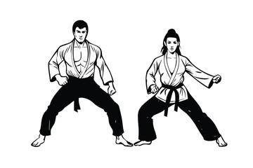 Man and Woman as Martial Artists in Pop Art Comic Style. Retro Vector Illustration of Fighter Ready Stance