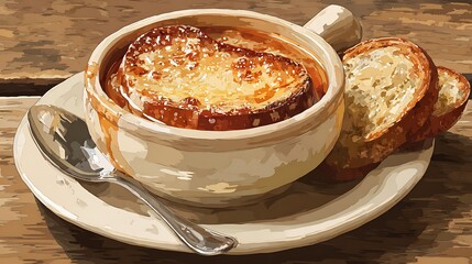 A cozy bowl of French onion soup with melted gruy&egrave;re and toasted bread 