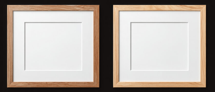Natural Wood Square Picture Frames with White Mat on Black Background