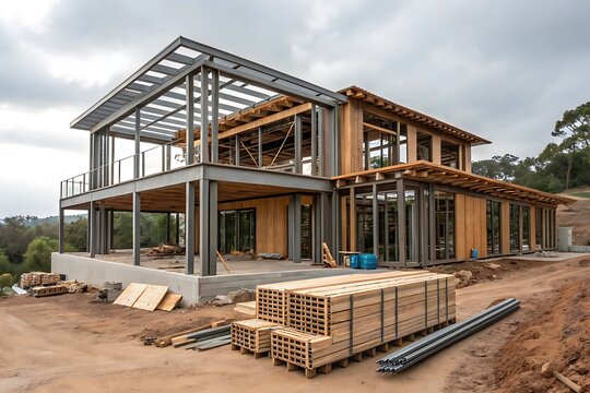 Contemporary house under construction high resolution photo