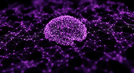 Abstract Purple Brain Structure Connected Nodes and Lines Digital Visualization.