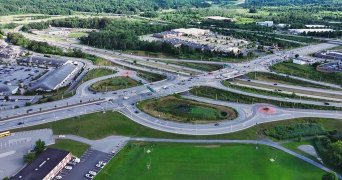 Aerial, drone, afternoon video of a diverging diamond interchange (DDI), located in Woodbury, NY
