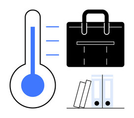 Thermometer with rising level, briefcase, and file folders. Ideal for productivity, work balance, goal tracking, measurement, organization, performance metrics simple flat metaphor