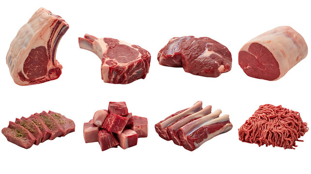 Collection of eight different cuts of raw beef and lamb meat - Powered by Adobe