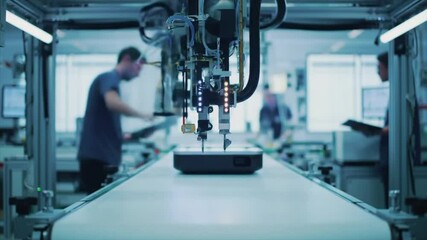 Robots and workers collaborate on an assembly line in a factory, highlighting modern manufacturing techniques and automation in action over a rapid time period