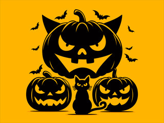 Halloween cat and pumpkin. Halloween Black cat silhouette. Happy Halloween greeting card with Black cat and Pumpkin Jack-O'-Lantern. Halloween Black cat cartoon character. Scary. Orange background