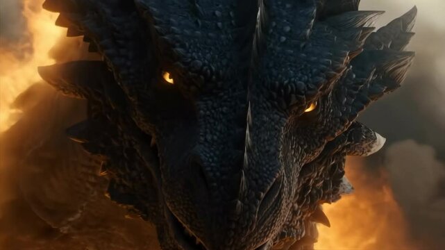 Close-up of a fearsome dragon with glowing eyes amidst flames