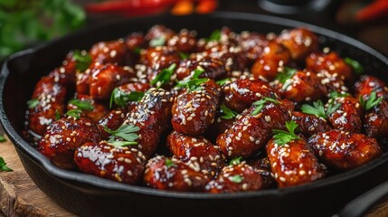 Sticky Teriyaki Sausages with sesame seeds, chili and herbs in a cast iron pan