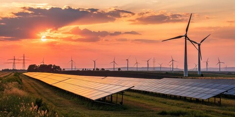 Renewable Energy Sunset Solar Panels and Wind Turbines at Dusk,GreenEnergy ,Sustainability