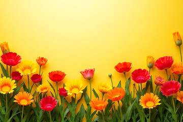 Fototapeta premium Colorful calendula flowers in red orange and yellow with green stems against a bright yellow background