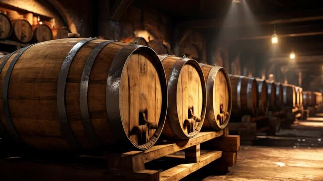 Wooden barrels with wine in dark old cellar, casks in vintage storage at vineyard farm, theme of winery and viticulture